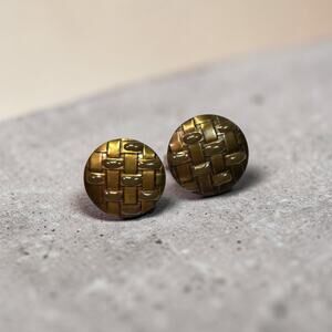 Brass Basketweave Circle Stud Earrings 1.5" Retro Statement